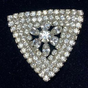Rhinestone Triangle W Flower Large Brooch Vintage